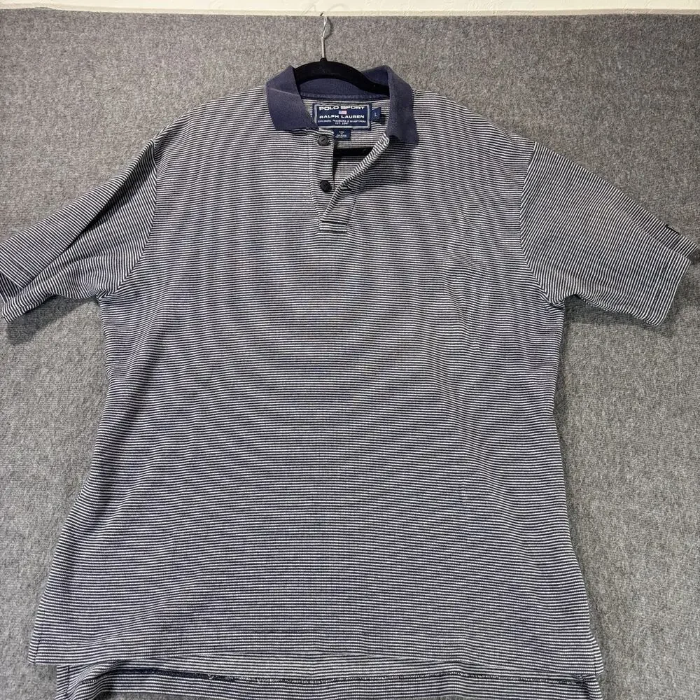 Polo Sport Ralph Lauren Polo Shirt Mens Large‎ Navy Blue White Striped Sportsman